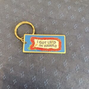 1983 Hawaii I Got Lei'd Island Map Keychain Vintage Metal Double Sided